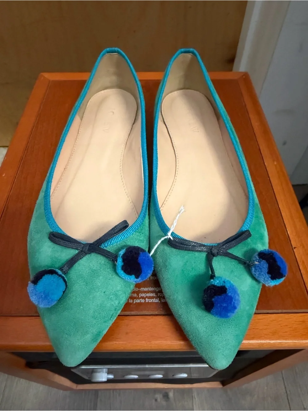 J.Crew Women’s Blue & Green Suede Pointed Toe Pom Pom Ballet Flats. Size: 8.5